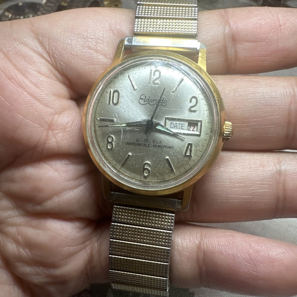 Works VTG Eldorado 21 Jewels Mens Watch Date 34mm Manual Wind Read Description